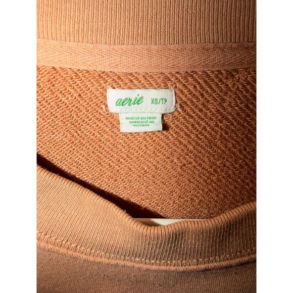 Aerie Terry Cloth Cropped Crew Neck Sweatshirt XS Tan Brown Pocket Pullover - Picture 2 of 7